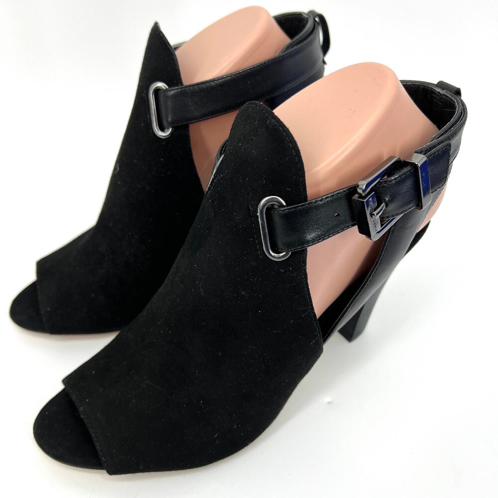 Marc Fisher Black Suede Peep Toe Ankle Strap Heel Shoes Size 8